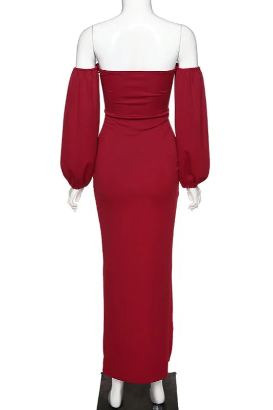 Off-the-Shoulder Bubble Sleeves Mermaid Prom Dress Long Evening Gowns With Slit-BallBride