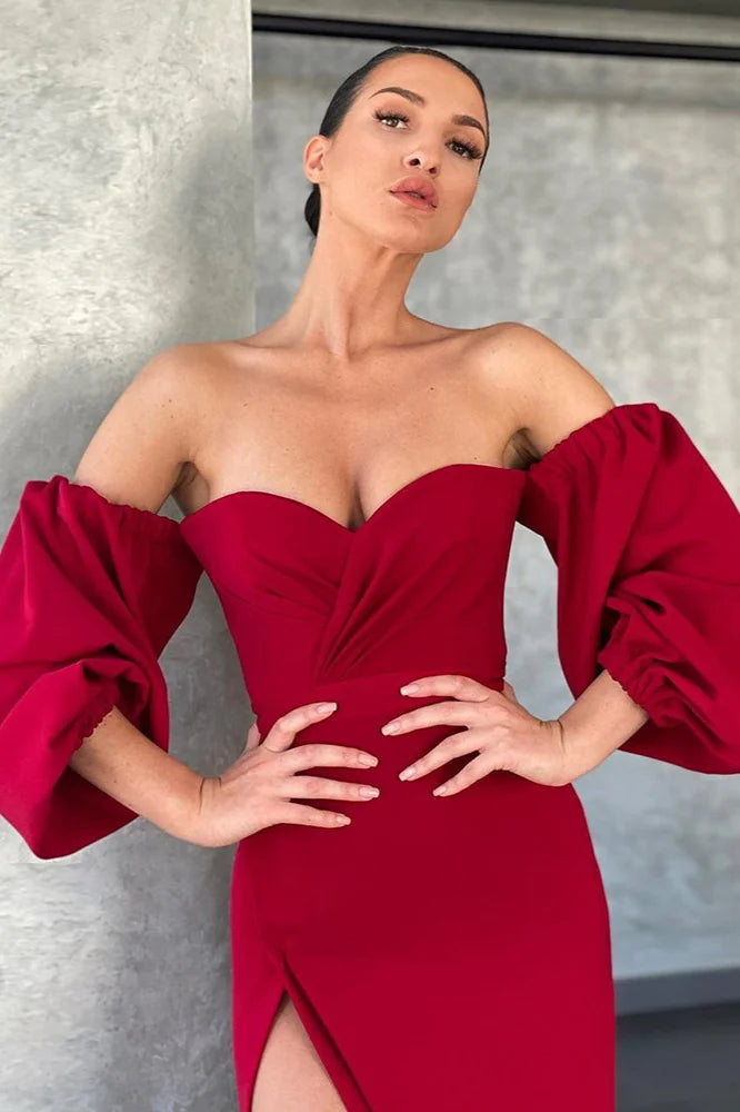 Off-the-Shoulder Bubble Sleeves Mermaid Prom Dress Long Evening Gowns With Slit-BallBride