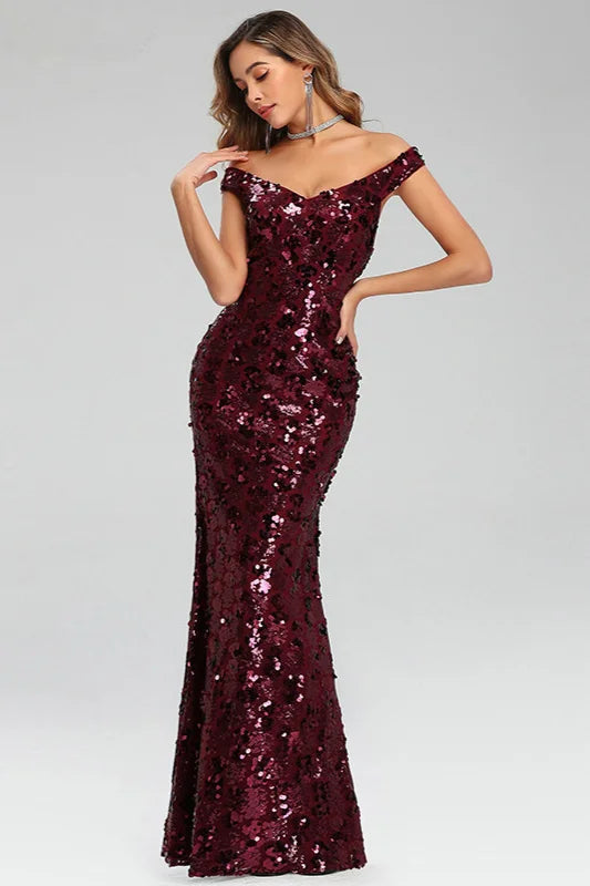 Off-the-Shoulder Burgundy Seuqins Prom Dress Long Mermaid Evening Party Gowns-BallBride