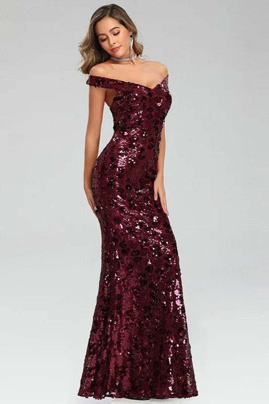 Off-the-Shoulder Burgundy Seuqins Prom Dress Long Mermaid Evening Party Gowns-BallBride