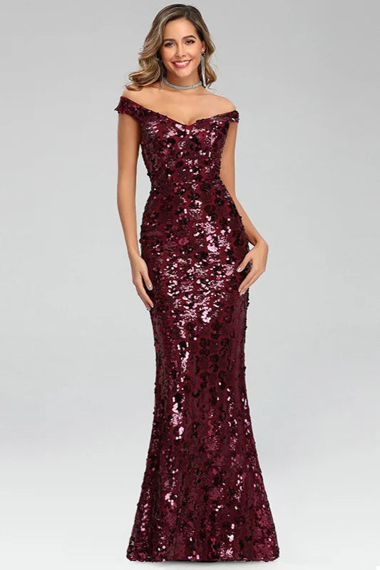 Off-the-Shoulder Burgundy Seuqins Prom Dress Long Mermaid Evening Party Gowns-BallBride