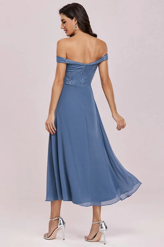 Off-the-Shoulder Dusty Blue Lace Evening Gown-BallBride
