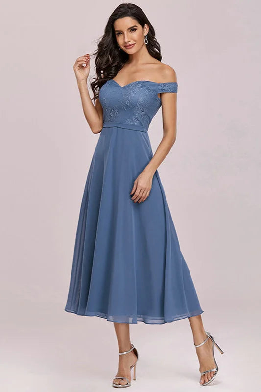 Off-the-Shoulder Dusty Blue Lace Evening Gown-BallBride