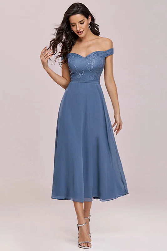 Off-the-Shoulder Dusty Blue Lace Evening Gown-BallBride
