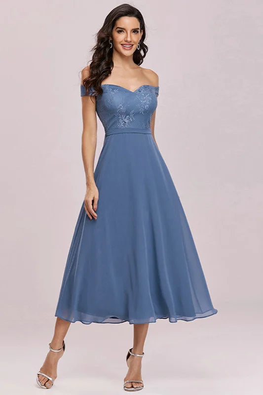 Off-the-Shoulder Dusty Blue Lace Evening Gown-BallBride