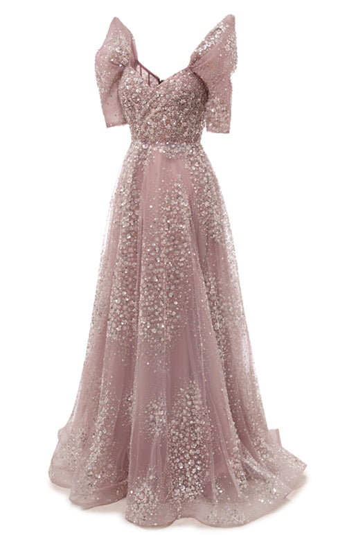 Off the shoulder Dusty Pink A-line Belt Evening Dresses-BallBride