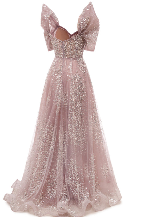 Off the shoulder Dusty Pink A-line Belt Evening Dresses-BallBride