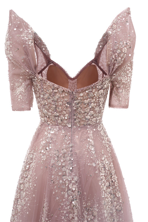 Off the shoulder Dusty Pink A-line Belt Evening Dresses-BallBride