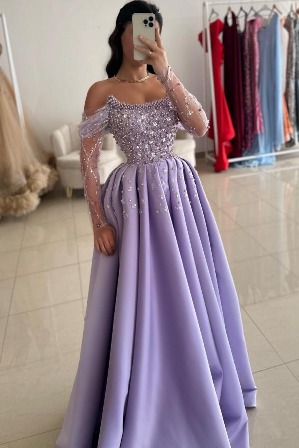 Off The Shoulder Long Sleeve A-Line Satin Prom Dress with Rhinestones and Beads-BallBride