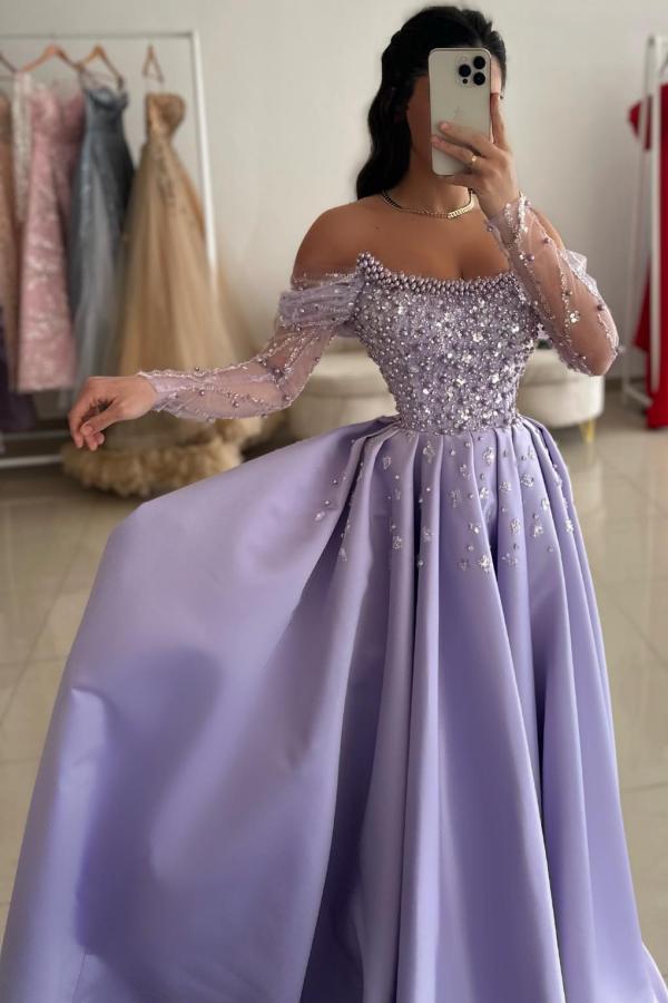 Off The Shoulder Long Sleeve A-Line Satin Prom Dress with Rhinestones and Beads-BallBride