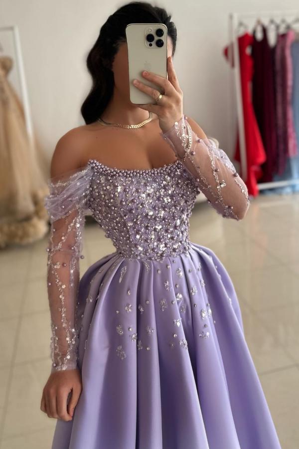 Off The Shoulder Long Sleeve A-Line Satin Prom Dress with Rhinestones and Beads-BallBride