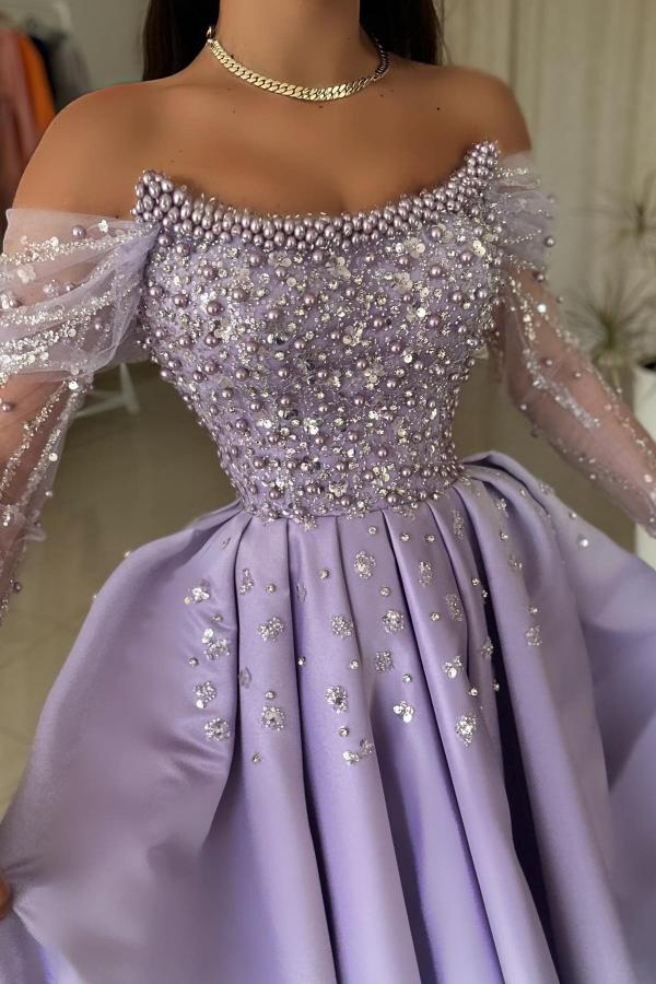Off The Shoulder Long Sleeve A-Line Satin Prom Dress with Rhinestones and Beads-BallBride