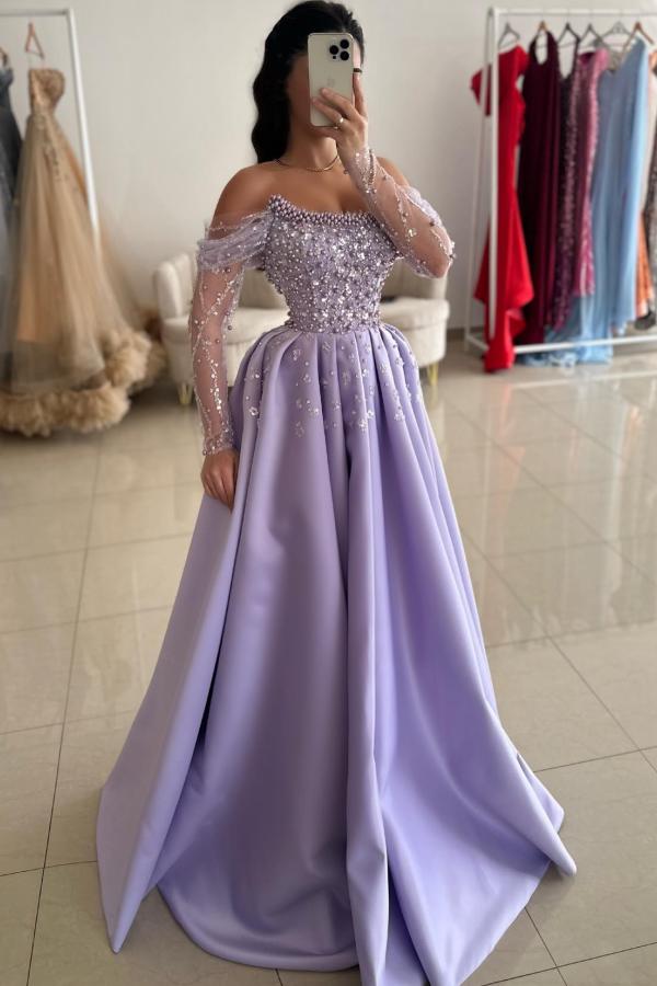 Off The Shoulder Long Sleeve A-Line Satin Prom Dress with Rhinestones and Beads-BallBride