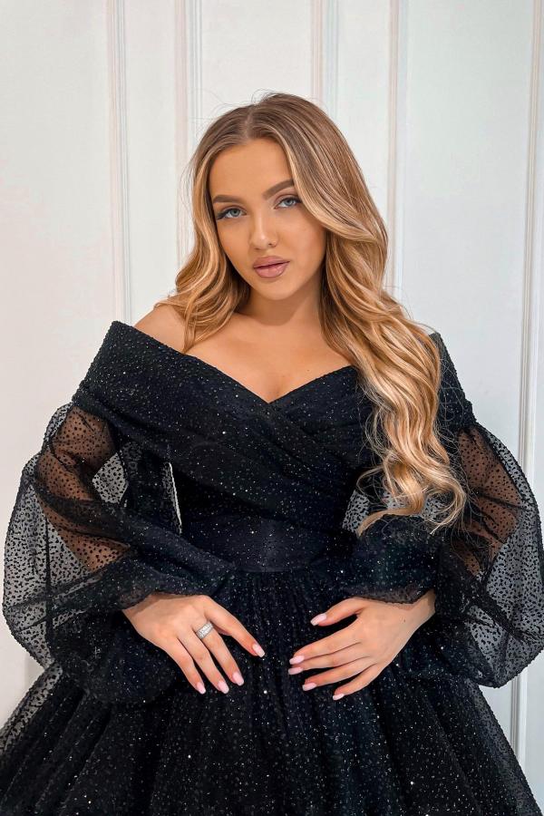 Off The Shoulder Long Sleeve A Line Tulle Prom Dress with Beads-BallBride