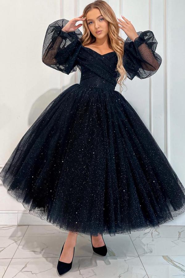 Off The Shoulder Long Sleeve A Line Tulle Prom Dress with Beads-BallBride