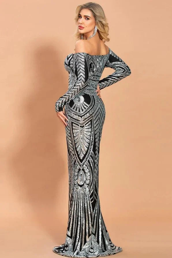 Off-the-Shoulder Long Sleeve Prom Dress Mermaid Sequins Evening Gowns-BallBride