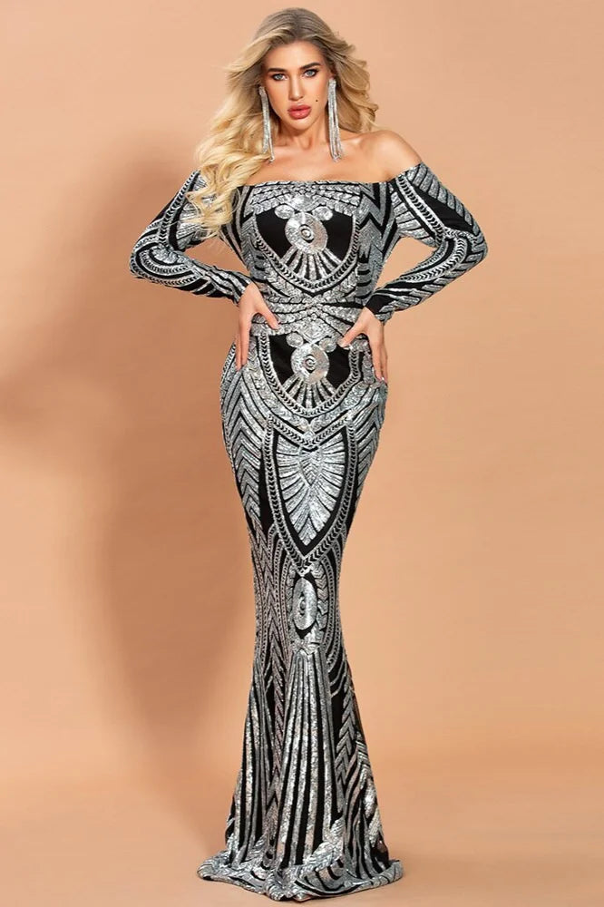 Off-the-Shoulder Long Sleeve Prom Dress Mermaid Sequins Evening Gowns-BallBride