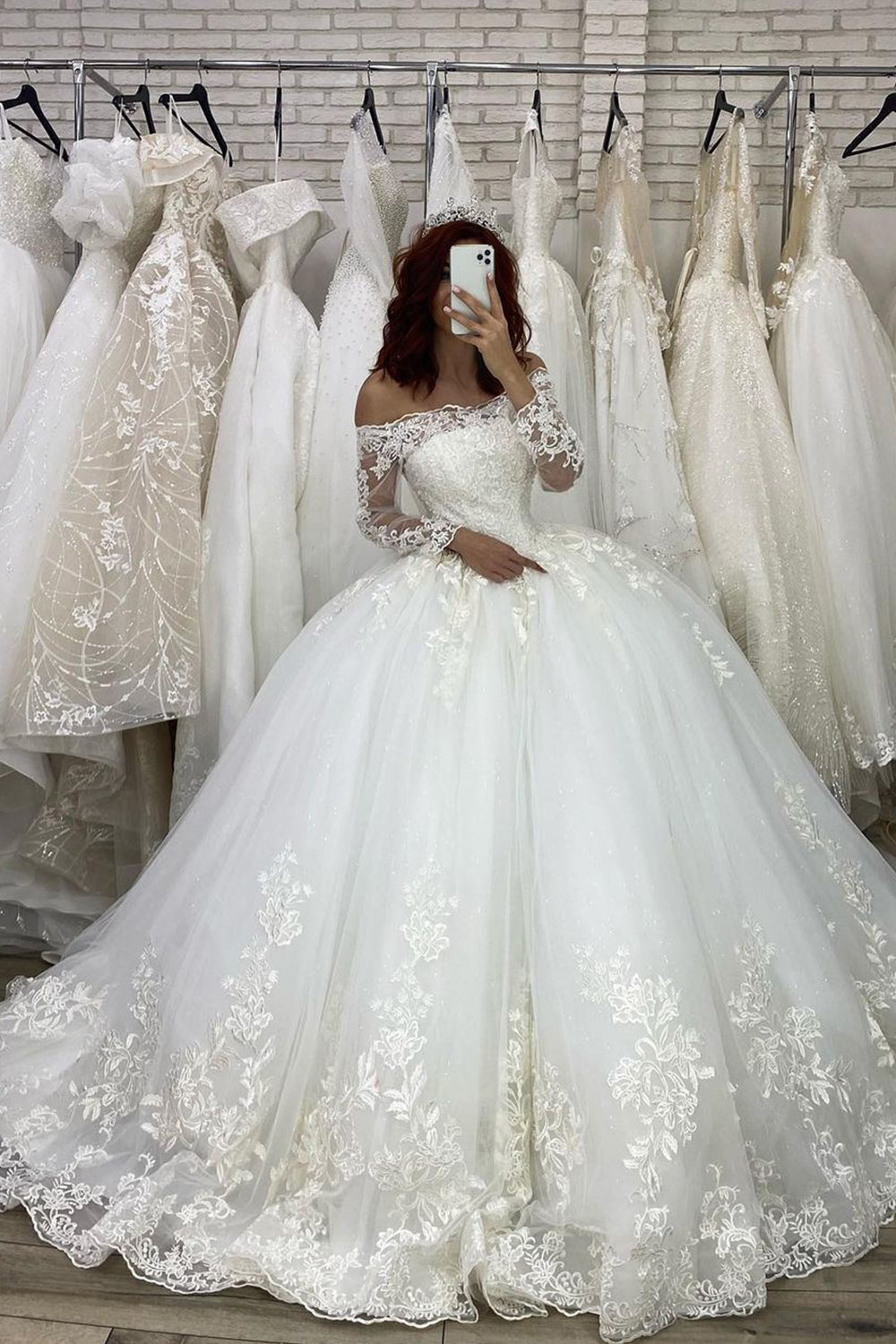 Off The Shoulder Long Sleeves Illusion Ball Gown Wedding Dress With Appliques-BallBride