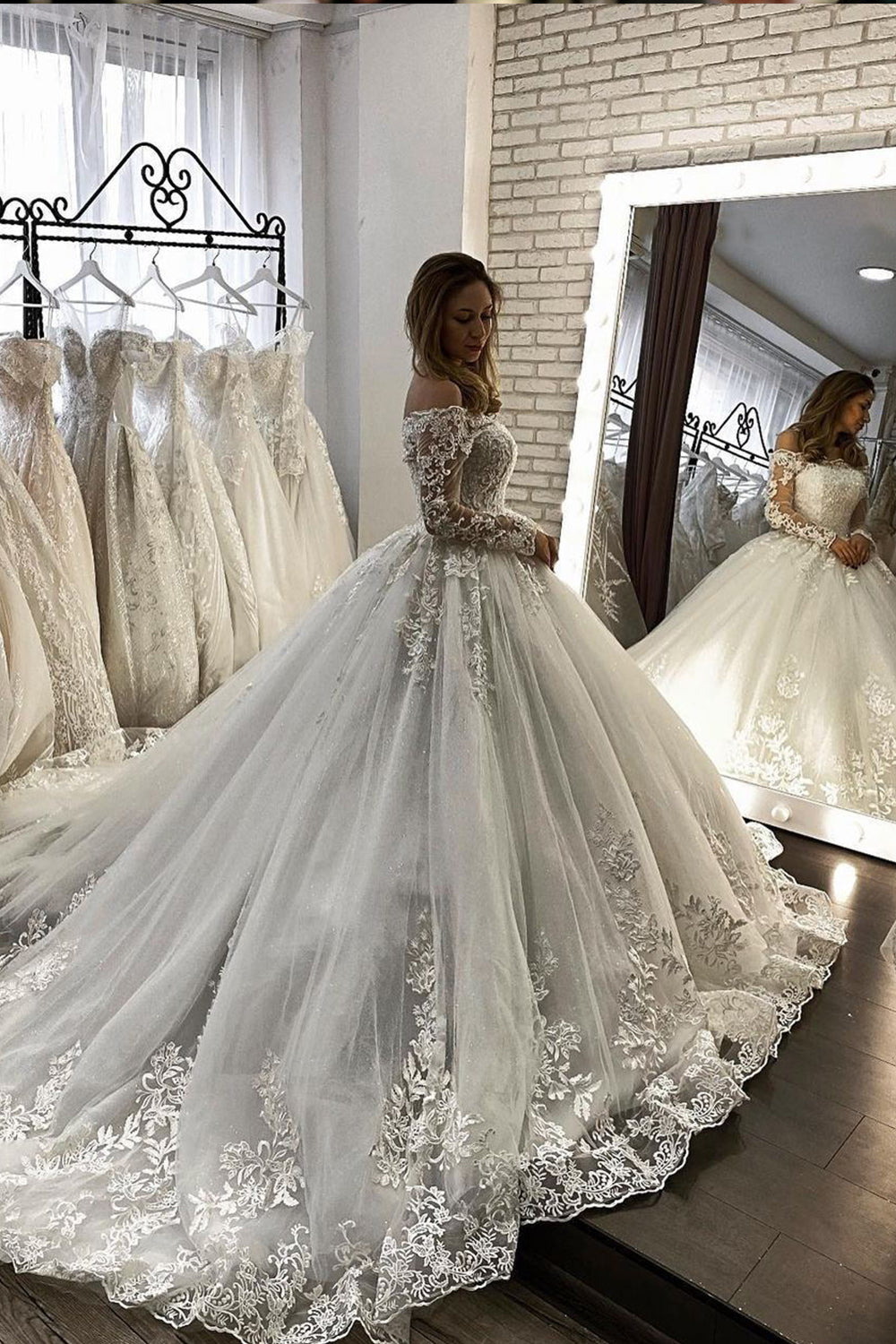Off The Shoulder Long Sleeves Illusion Ball Gown Wedding Dress With Appliques-BallBride