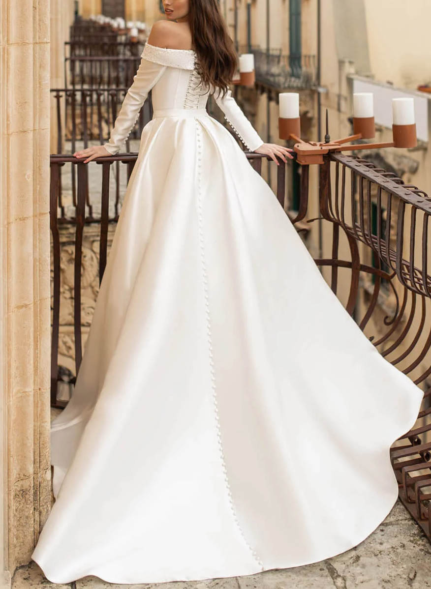 Off-The-Shoulder Long Sleeves Pearl Detachable Wedding Dress-Ballbride