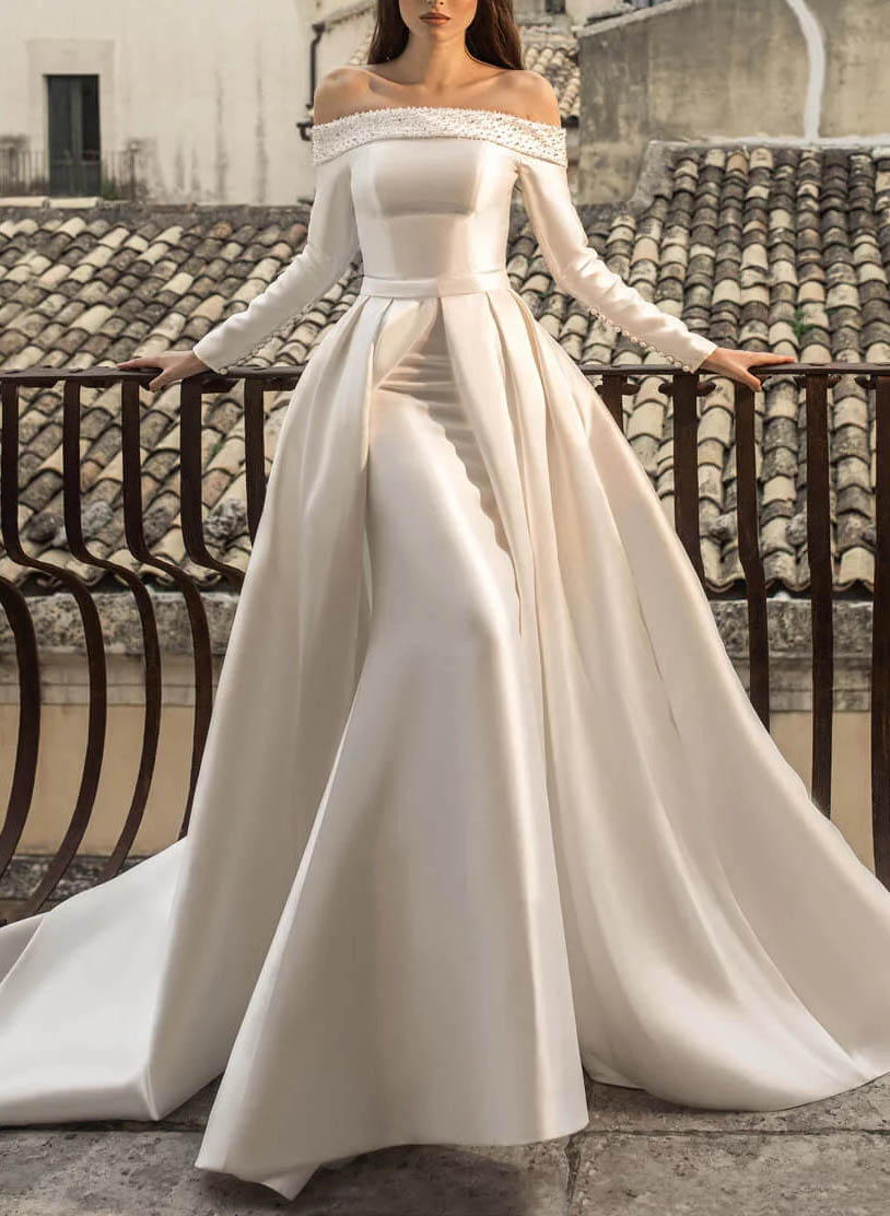 Off-The-Shoulder Long Sleeves Pearl Detachable Wedding Dress-Ballbride