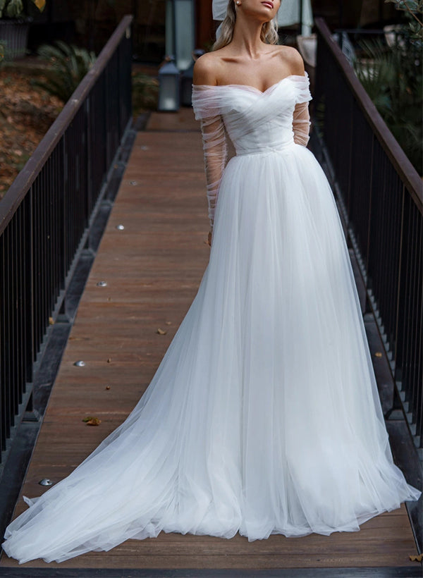 Off-The-Shoulder Long Sleeves Sweep Train Tulle Wedding Dresses-Ballbride