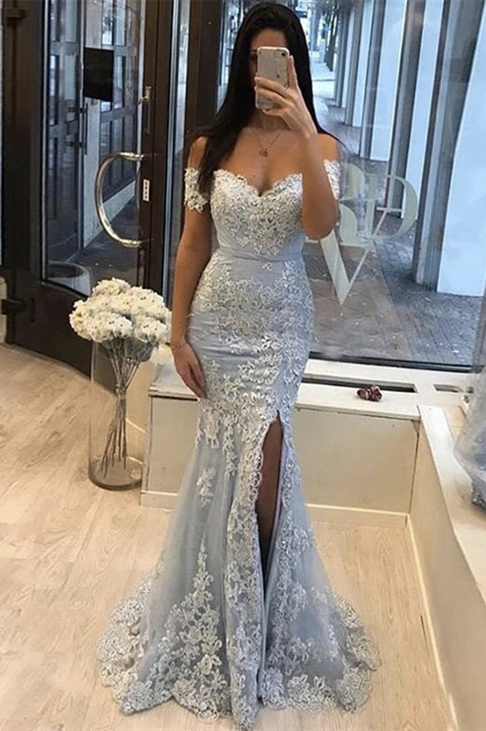 Off-the-Shoulder Mermaid Prom Dress with Lace Appliques & Split-BallBride