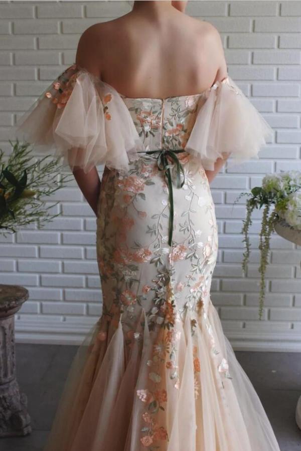 Off The Shoulder Open Back Mermaid Long Embroidery Satin Prom Dress-BallBride