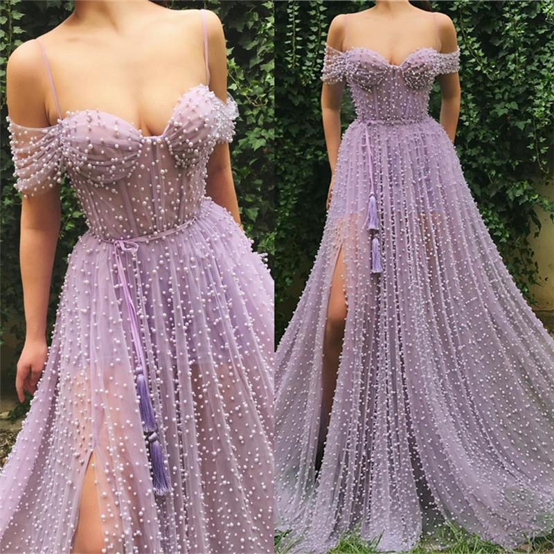 Off-the-Shoulder Peals and Beadings Prom Dress with Slit-BallBride