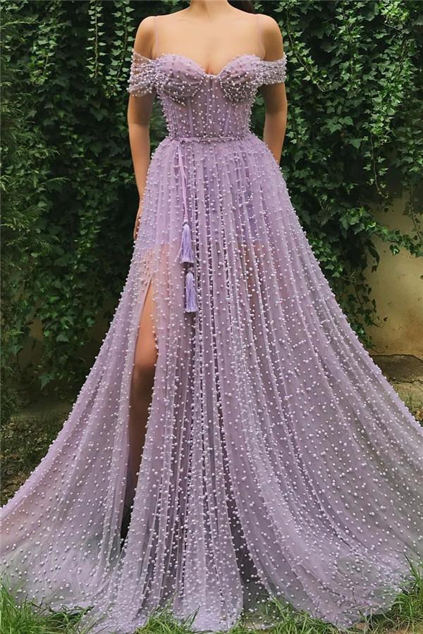Off-the-Shoulder Peals and Beadings Prom Dress with Slit-BallBride