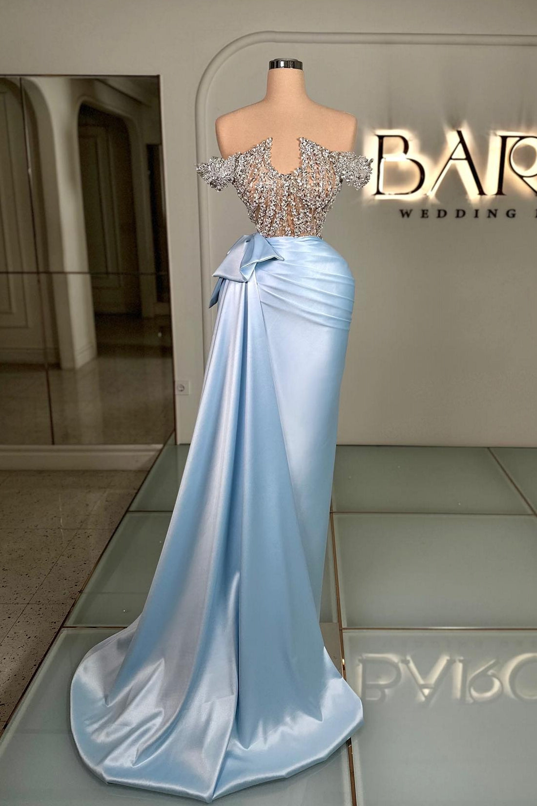 Off The Shoulder Satin Beads Rhinestones Mermaid Long Prom Dress-BallBride