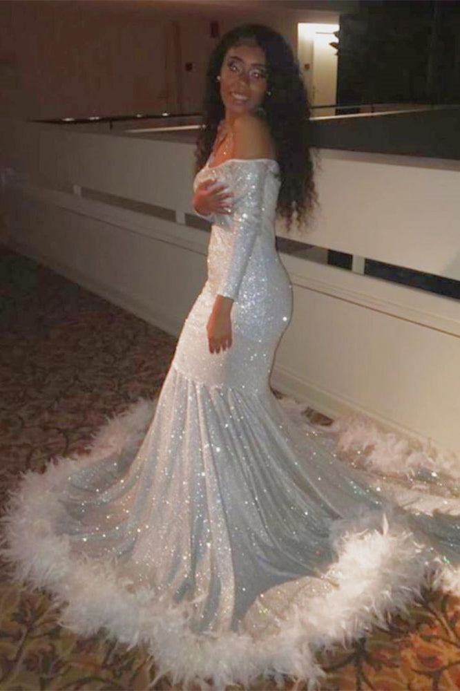 Off-the-Shoulder Sequins Long Sleeves Mermaid Prom Dress with Feathers-BallBride