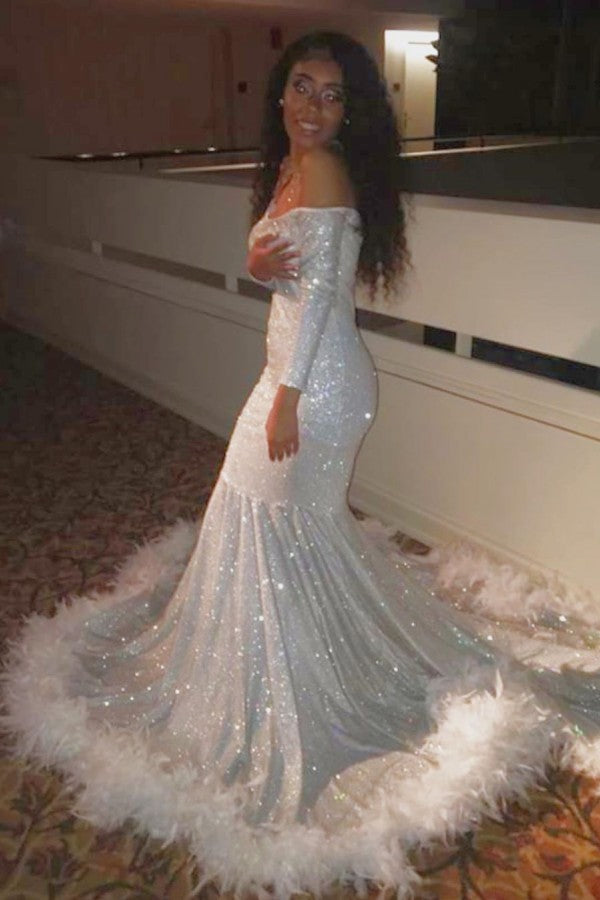 Off-the-Shoulder Sequins Long Sleeves Mermaid Prom Dress with Feathers-BallBride