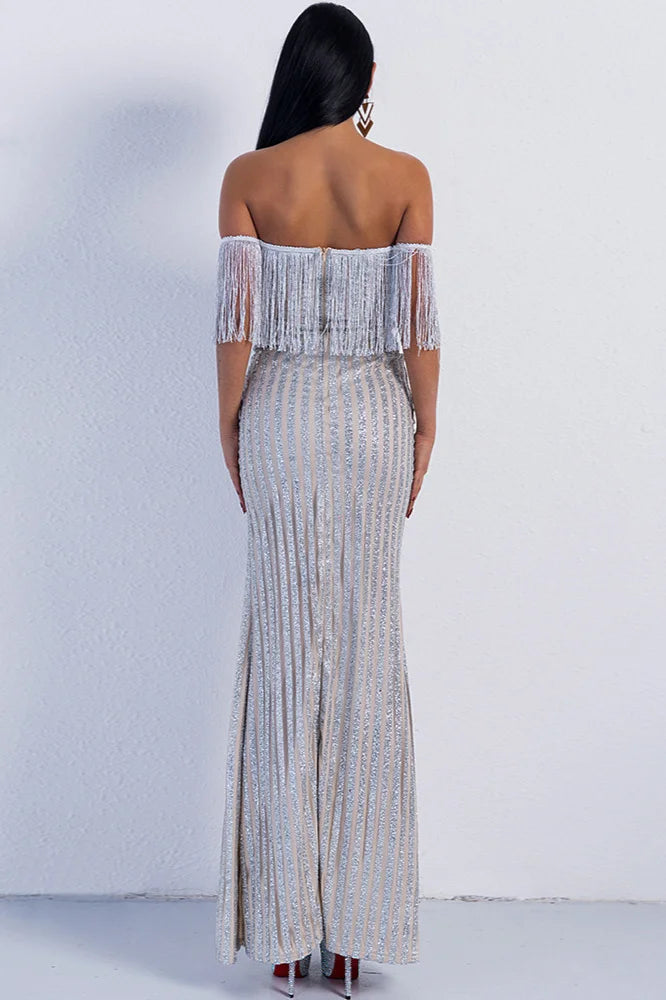Off-the-Shoulder Sequins Tassles Prom Dress Mermaid Long Evening Gowns With Split-BallBride