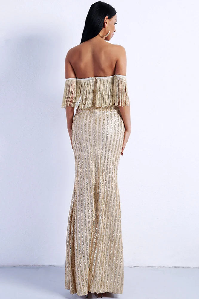 Off-the-Shoulder Sequins Tassles Prom Dress Mermaid Long Evening Gowns With Split-BallBride