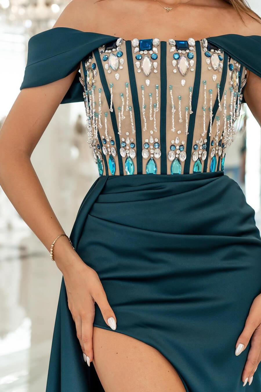 Off The Shoulder Split Front Mermaid Long Prom Dress with Beadings and Rhinestones-BallBride