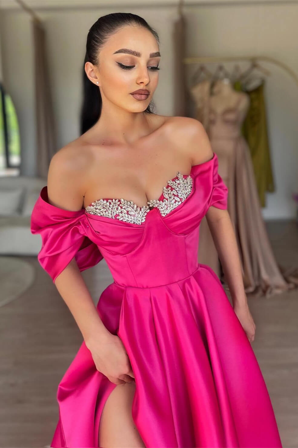 Off The Shoulder Sweetheart A-Line Beaded Prom Dress with Split Front-BallBride