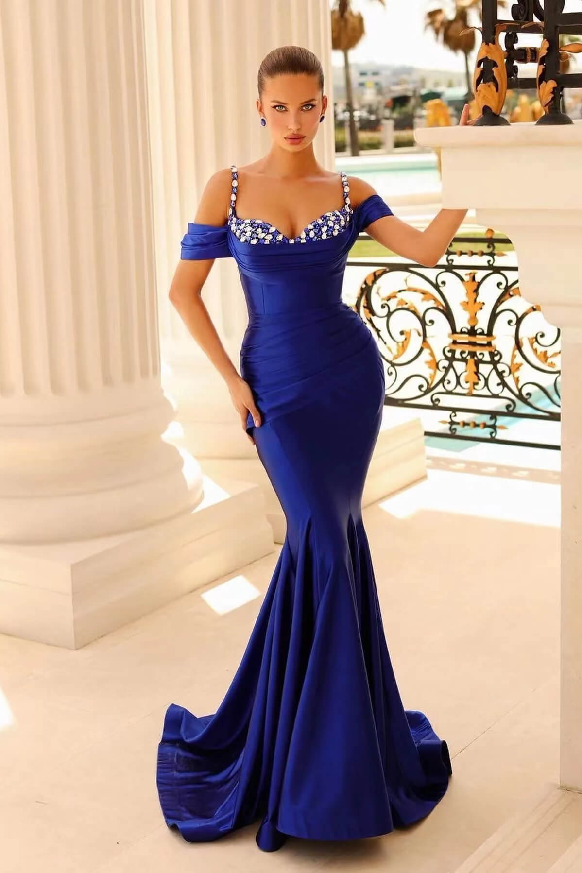 Off-The-Shoulder Sweetheart Beaded Prom Dress With Spaghetti-Straps Mermaid-BallBride