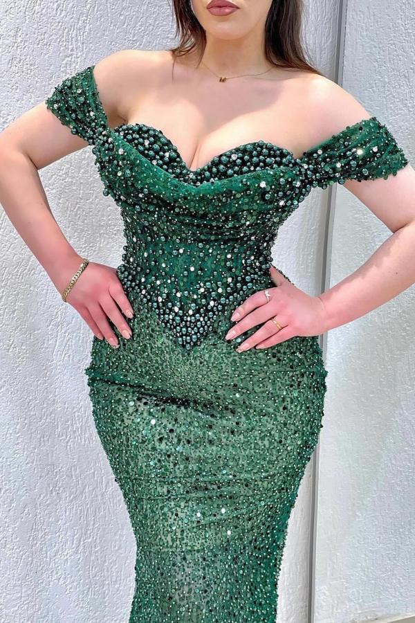 Off The Shoulder Sweetheart Green Mermaid Prom Dress with Beads and Sequins-BallBride