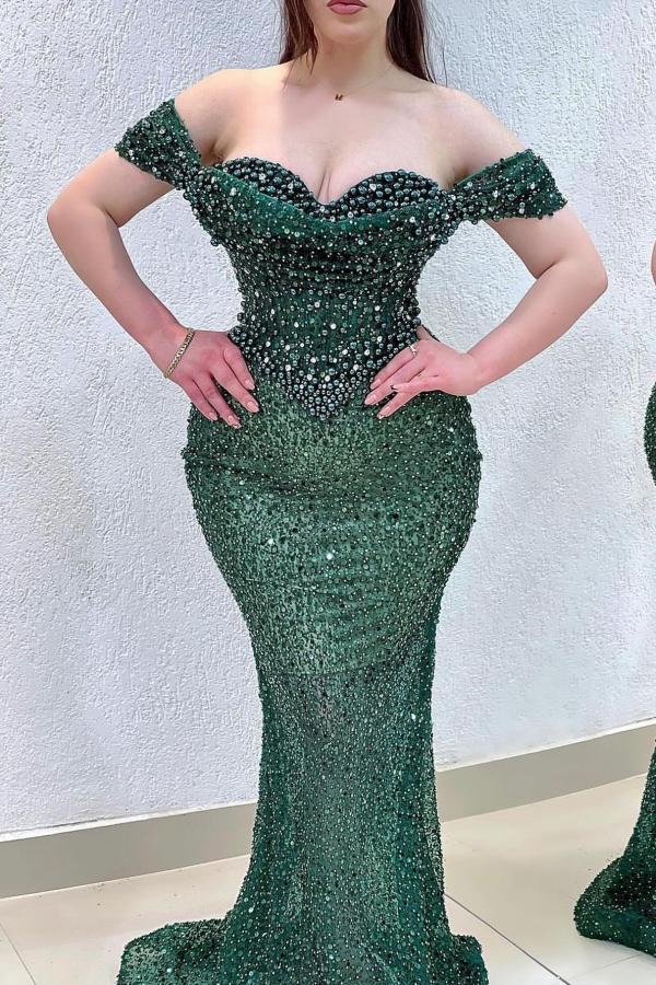 Off The Shoulder Sweetheart Green Mermaid Prom Dress with Beads and Sequins-BallBride