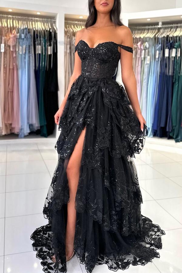Off The Shoulder Sweetheart Lace A-Line Tiered Long Prom Dress with Slit-BallBride