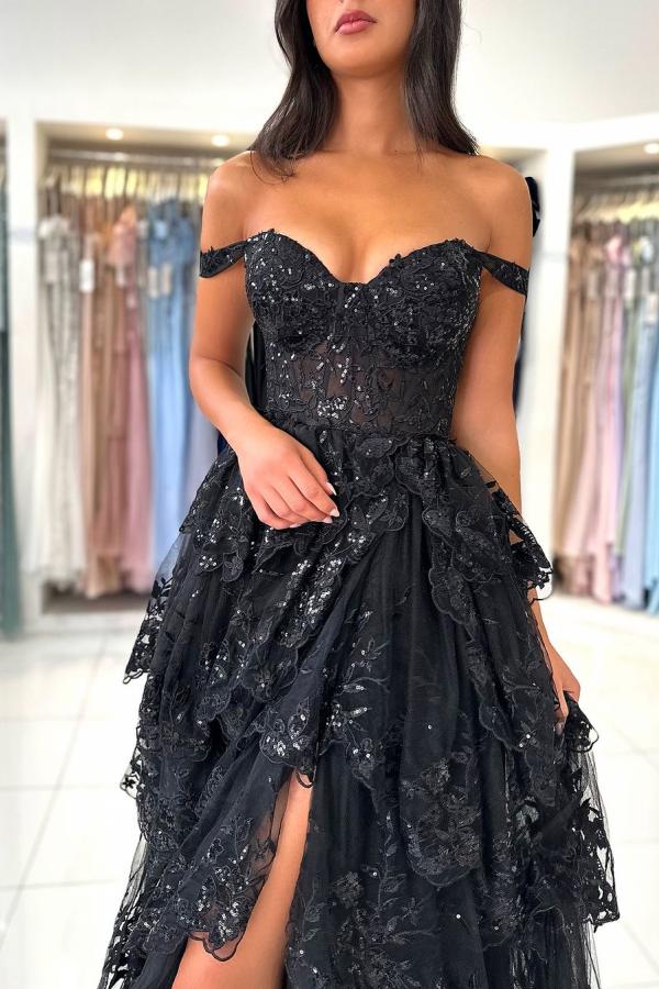 Off The Shoulder Sweetheart Lace A-Line Tiered Long Prom Dress with Slit-BallBride