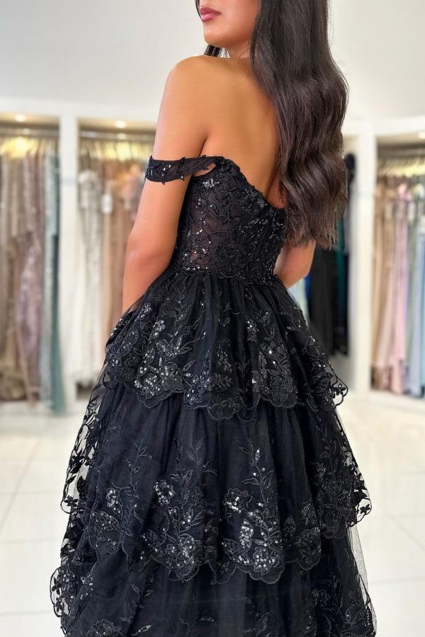 Off The Shoulder Sweetheart Lace A-Line Tiered Long Prom Dress with Slit-BallBride