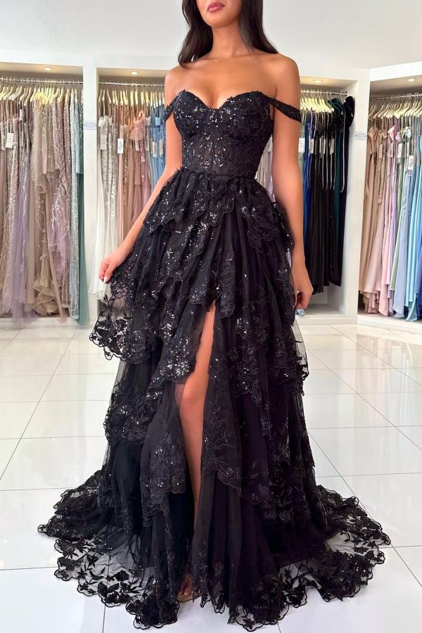 Off The Shoulder Sweetheart Lace A-Line Tiered Long Prom Dress with Slit-BallBride