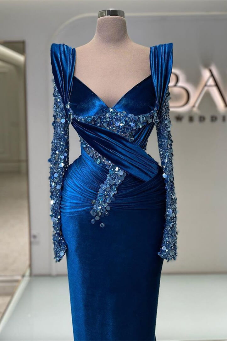 Off The Shoulder V-Neck Blue Satin Prom Dress with Beads and Rhinestones-BallBride