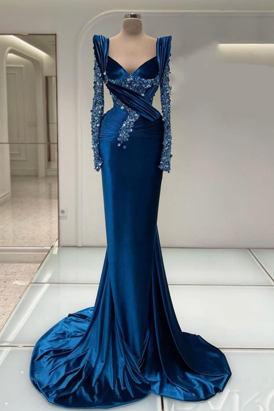 Off The Shoulder V-Neck Blue Satin Prom Dress with Beads and Rhinestones-BallBride