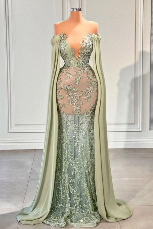 Off The Shoulder V-neck Mermaid Tulle Appliques Long Prom Dress-BallBride