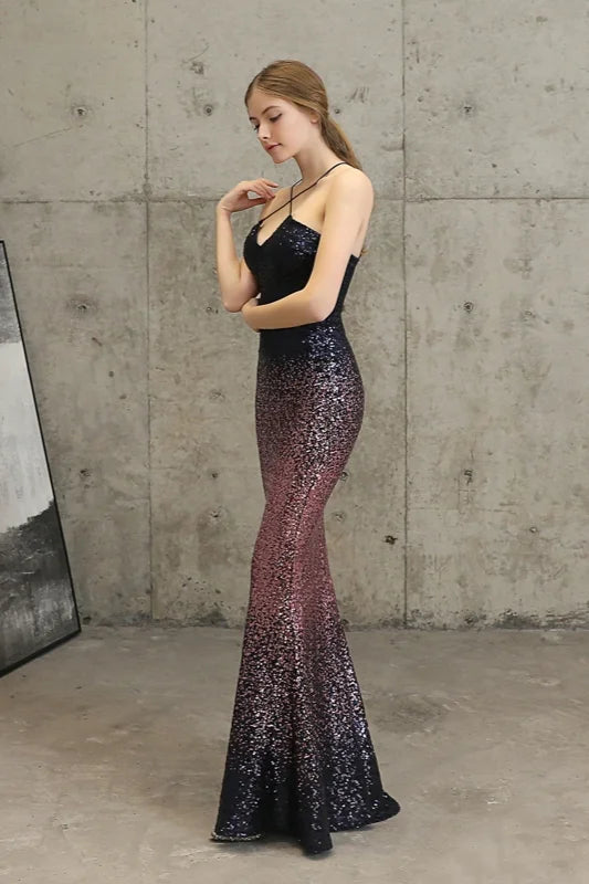 Ombre Sequins Halter Prom Dress Long Mermaid Evening Gowns-BallBride