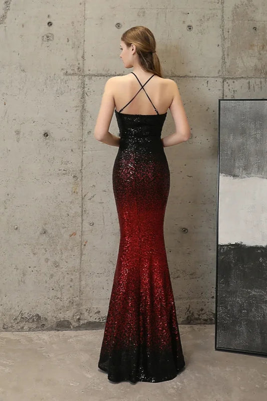 Ombre Sequins Halter Prom Dress Long Mermaid Evening Gowns-BallBride