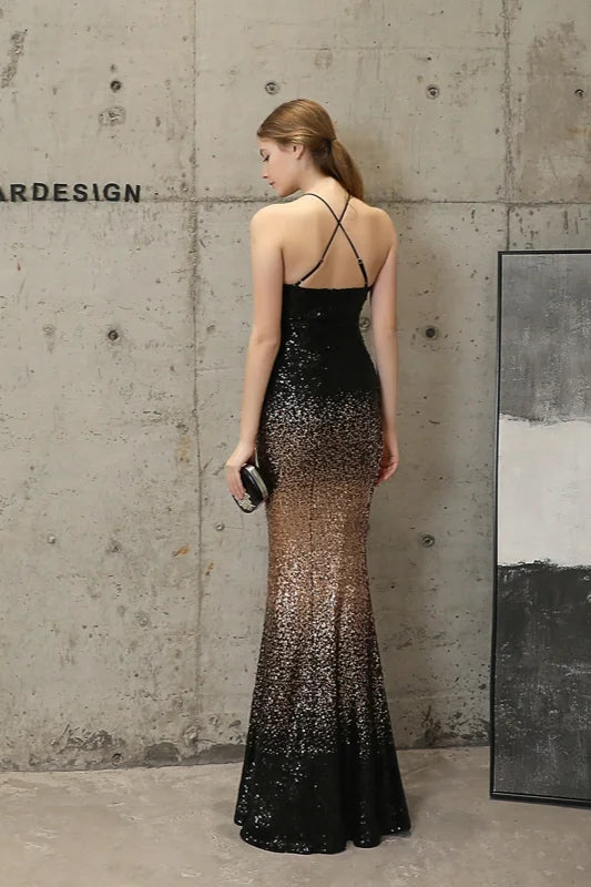 Ombre Sequins Halter Prom Dress Long Mermaid Evening Gowns-BallBride